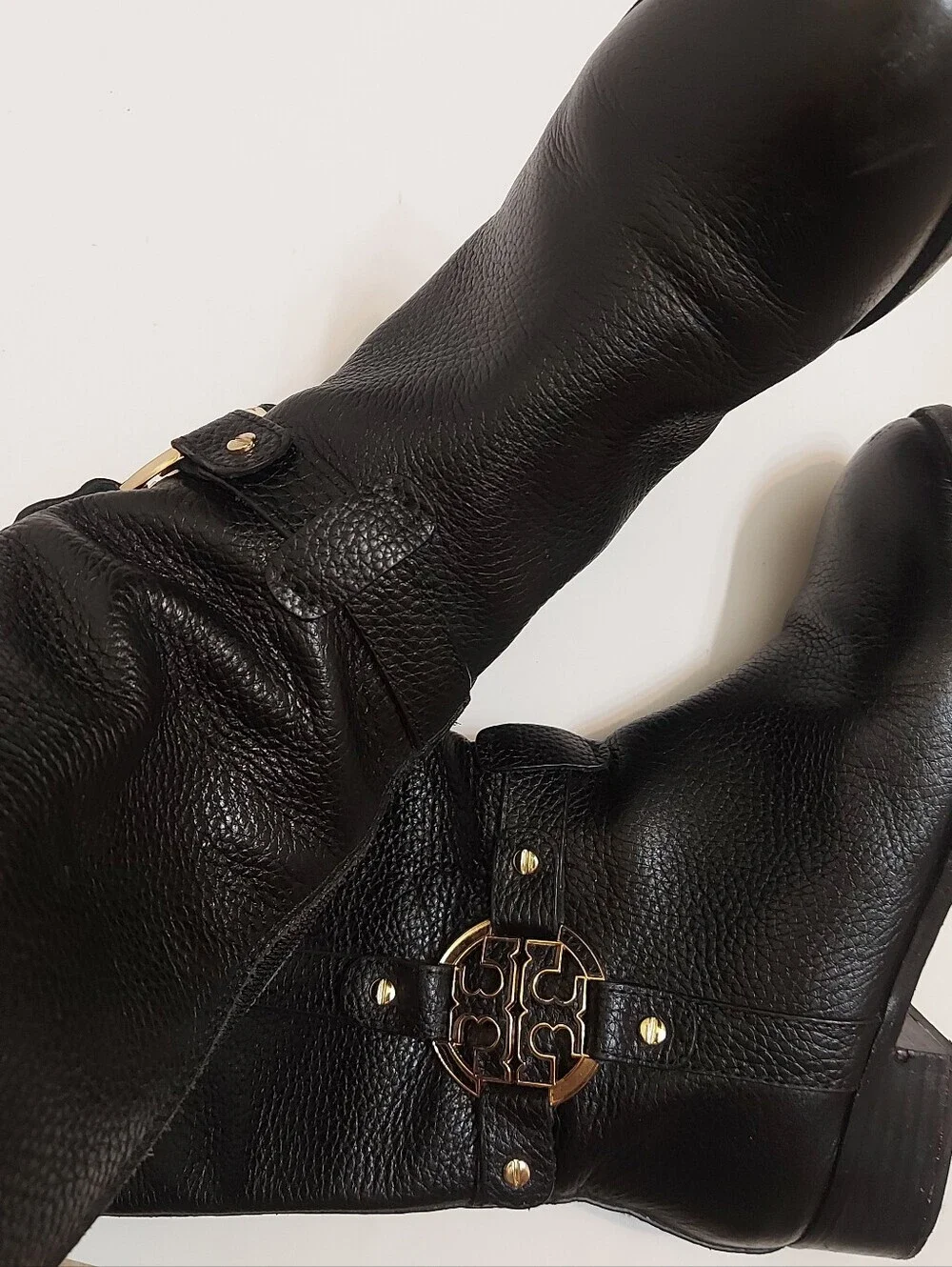 Tory Burch Black Pebbled Leather Over-the-Knee Boots with Gold Logo